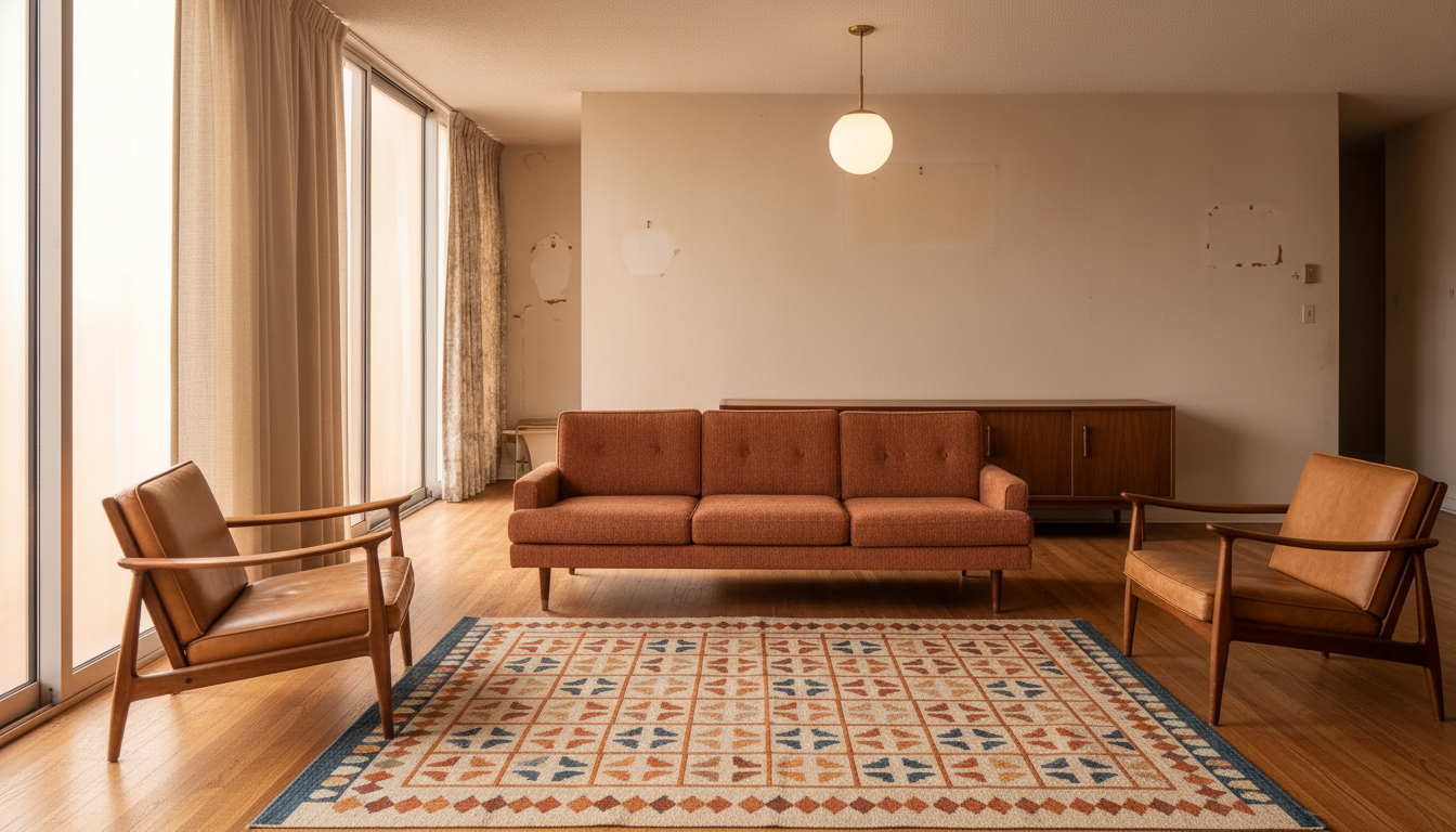 Living room render, mid-century modern, from the before-photo shown
