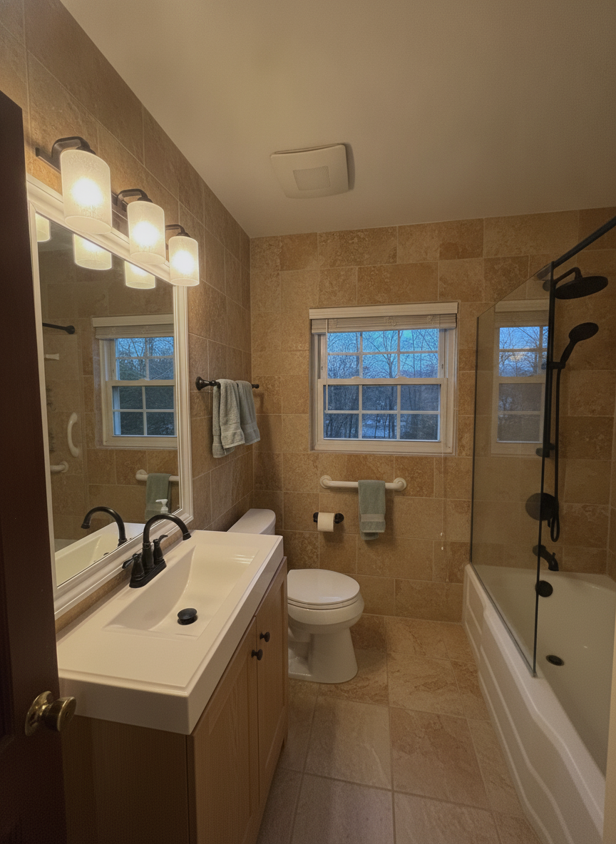 The same bathroom with warm stone tile floor to ceiling, matte black shower fixtures and a frameless glass screen