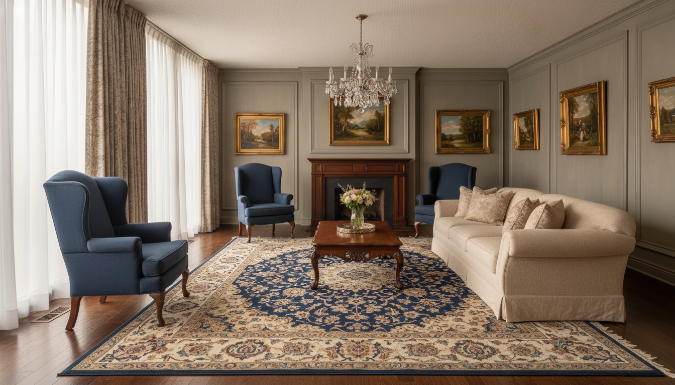 The same 1980s living room redesigned in a traditional interior design style