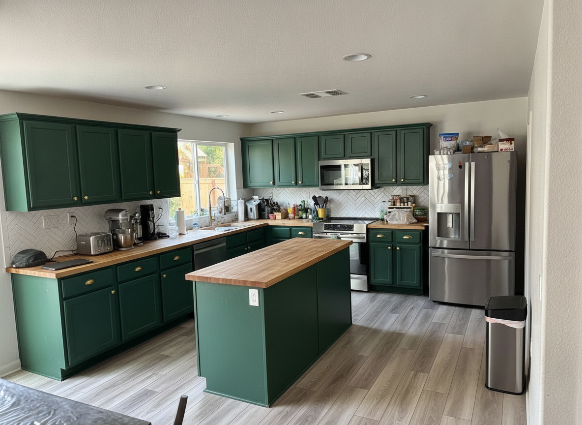 Kitchen design app render — forest green & butcher block