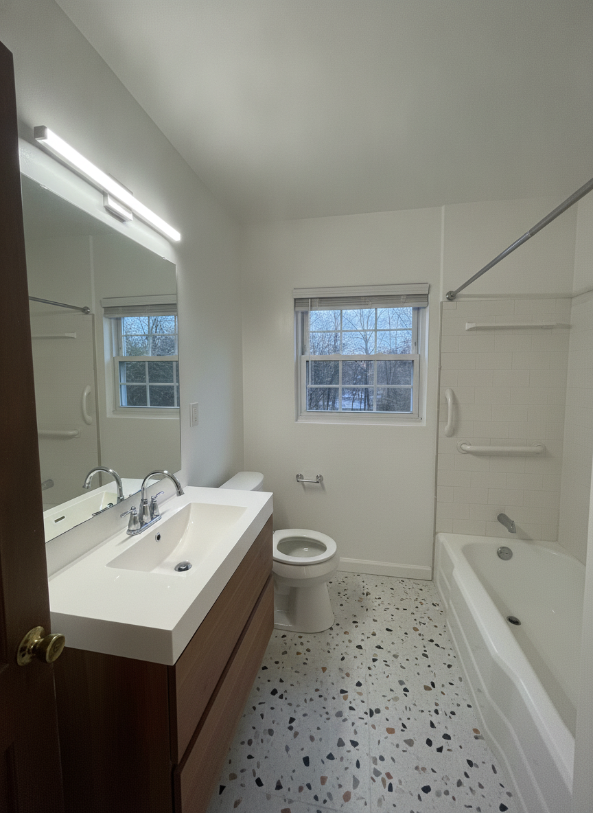 Bathroom design tool render — terrazzo & walnut