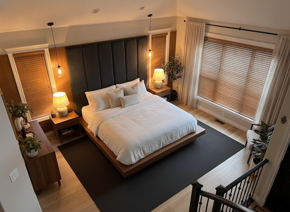 The same bedroom with a tall dark upholstered headboard, warm lamplight and a dark low-pile rug