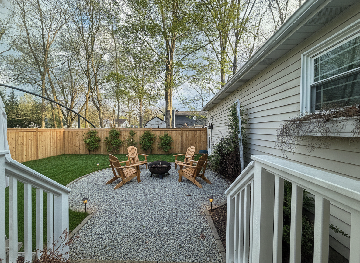 Backyard design render — fire pit circle