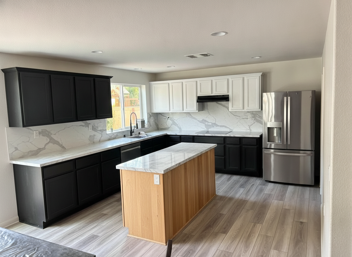 Kitchen design app render — black, white oak & marble