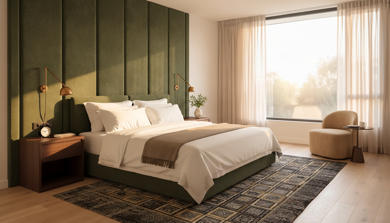 Bedroom render, boutique hotel, same empty room, from the before-photo shown
