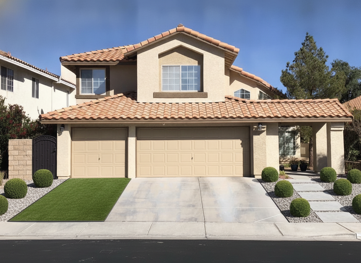The same house with a low-maintenance modern yard — a turf rectangle with steel edging, a wide paver walkway, clipped boxwood spheres and crushed stone beds
