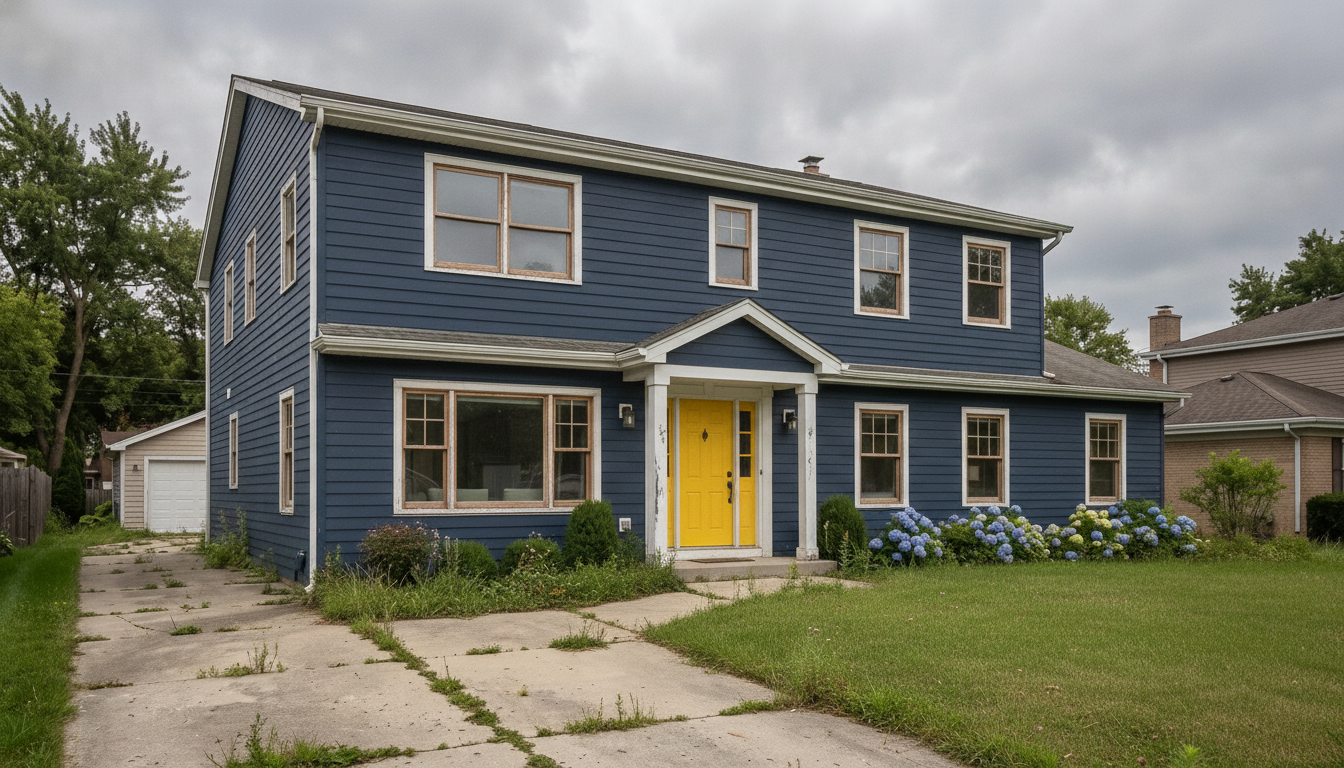 House exterior render, navy, yellow door, hydrangeas, from the before-photo shown